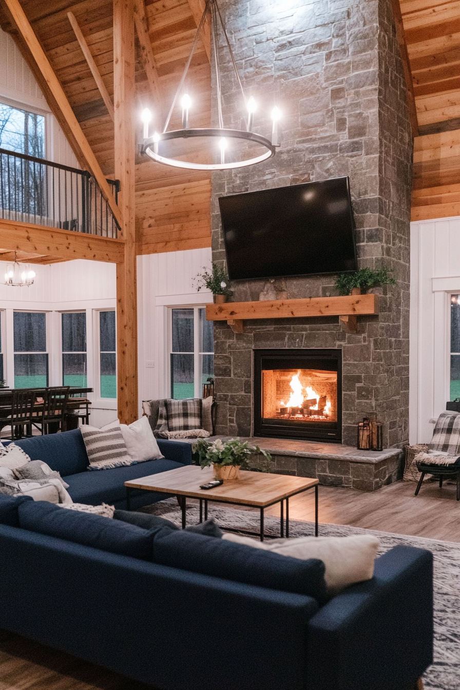 Rustic stone fireplace with cozy seating in barn living room