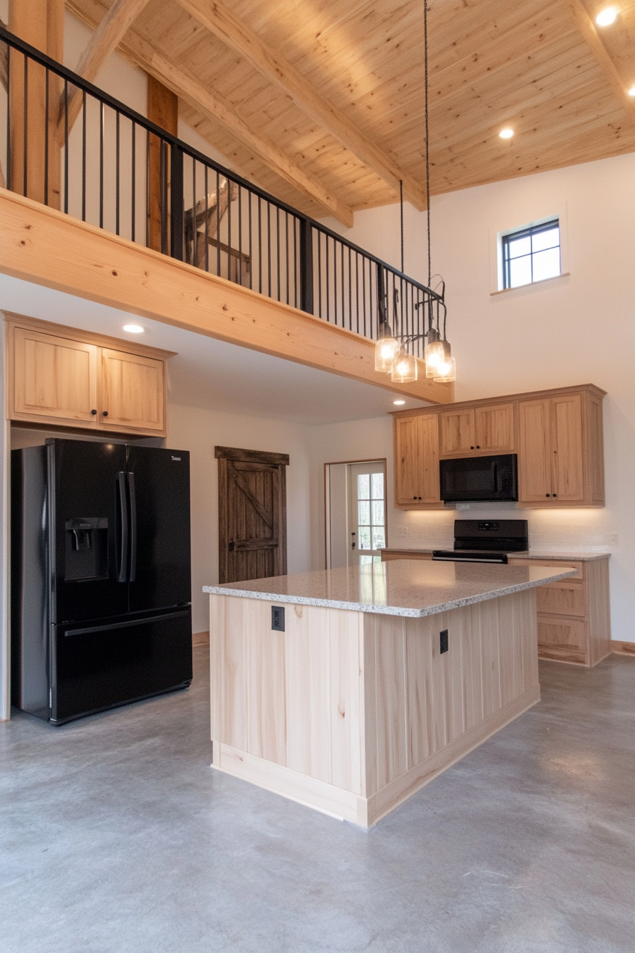 Detail of black appliances and light countertops in barn kitchen