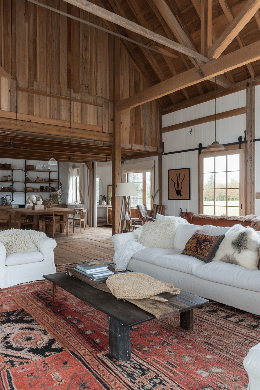 Barn-dominium interior with warm textiles and cozy accents