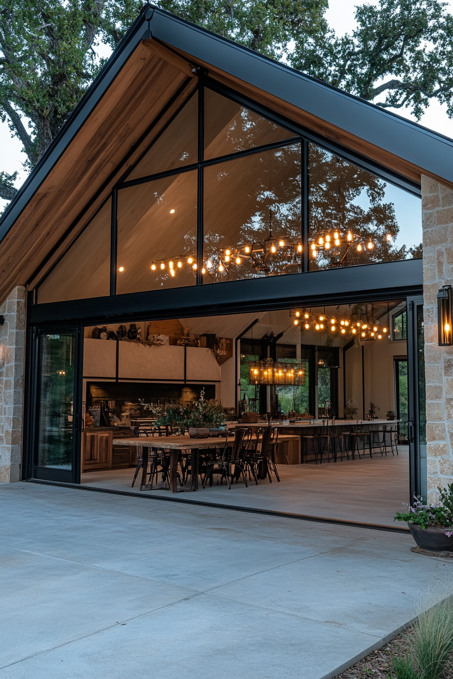 Open glass doors connect the barn interior with the outdoor patio