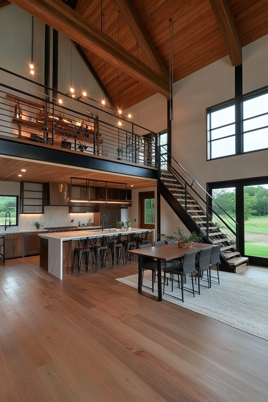 Mezzanine with stylish railing in barndominium