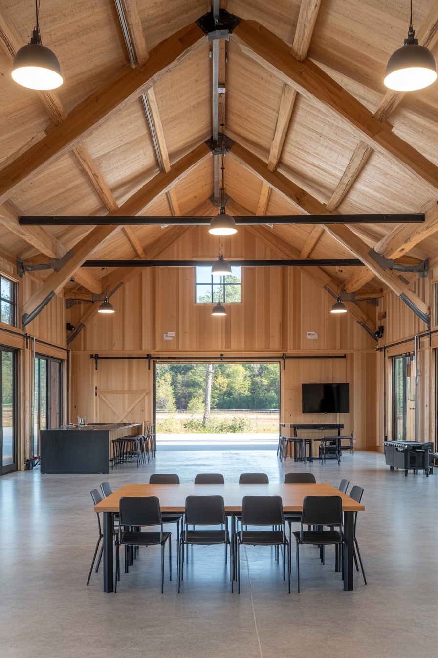 Modular furniture arrangement in a versatile barn room