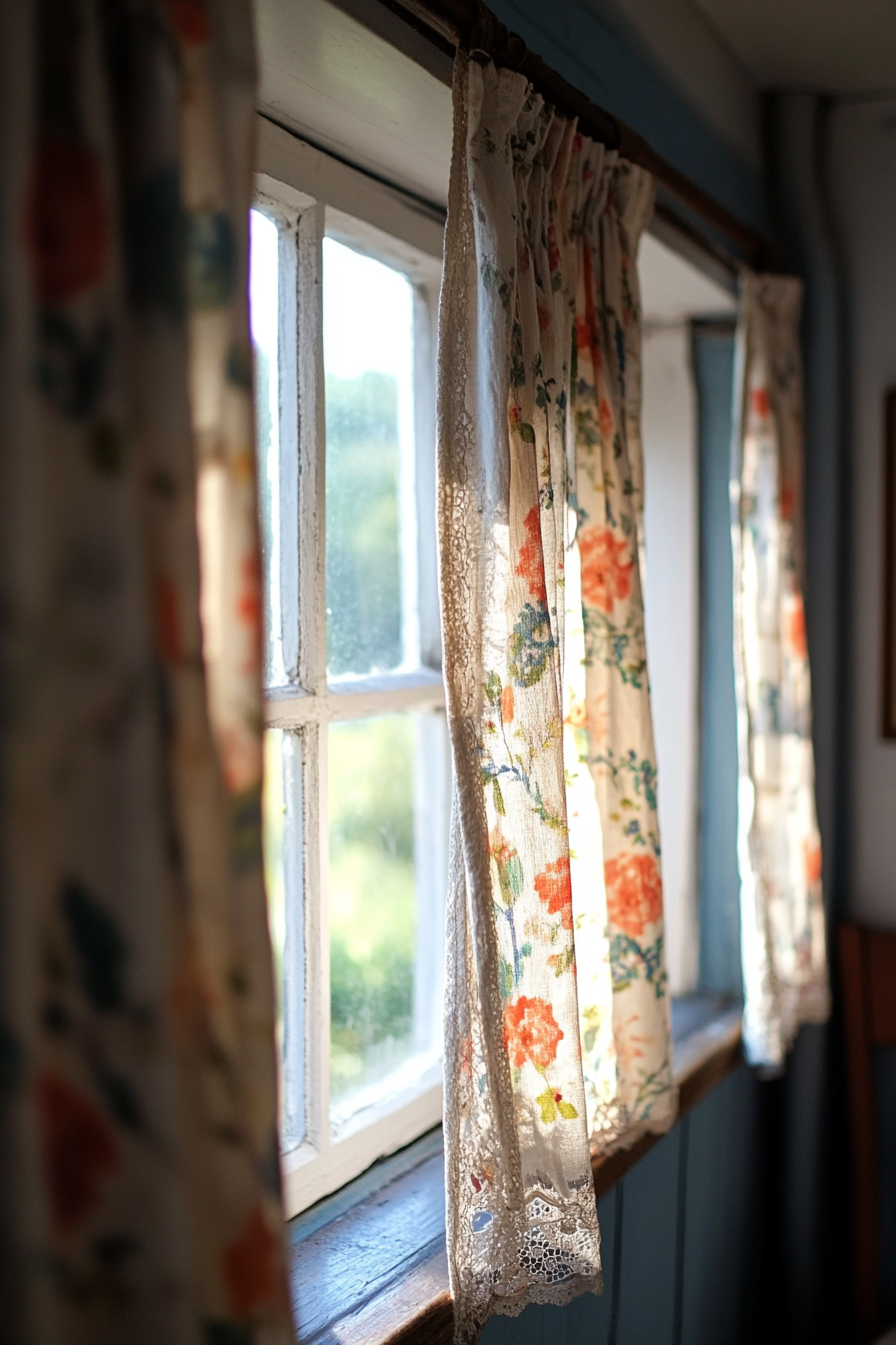 Close-up of lace and floral fabric details on curtains