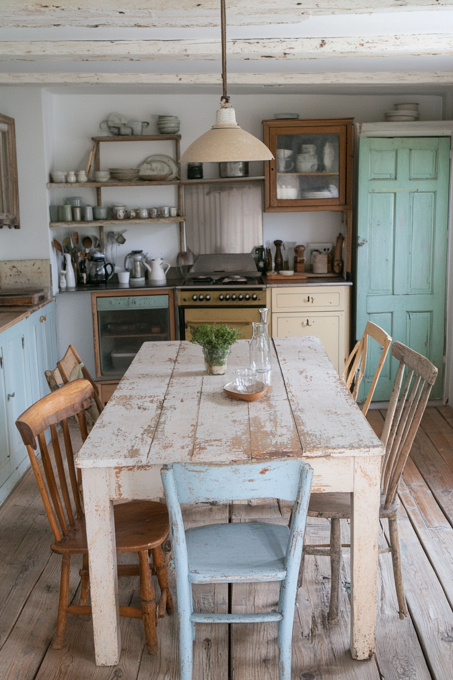 Weathered wooden furniture with pastel accents