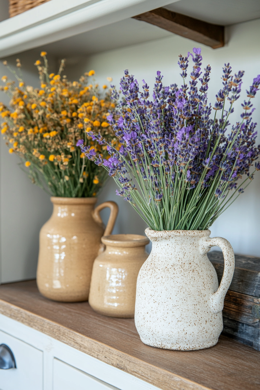 Dried lavender and wildflower arrangements in a rustic vase