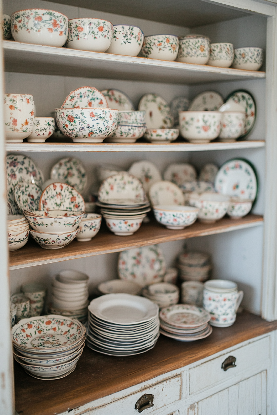 Close-up of floral porcelain patterns on open shelves