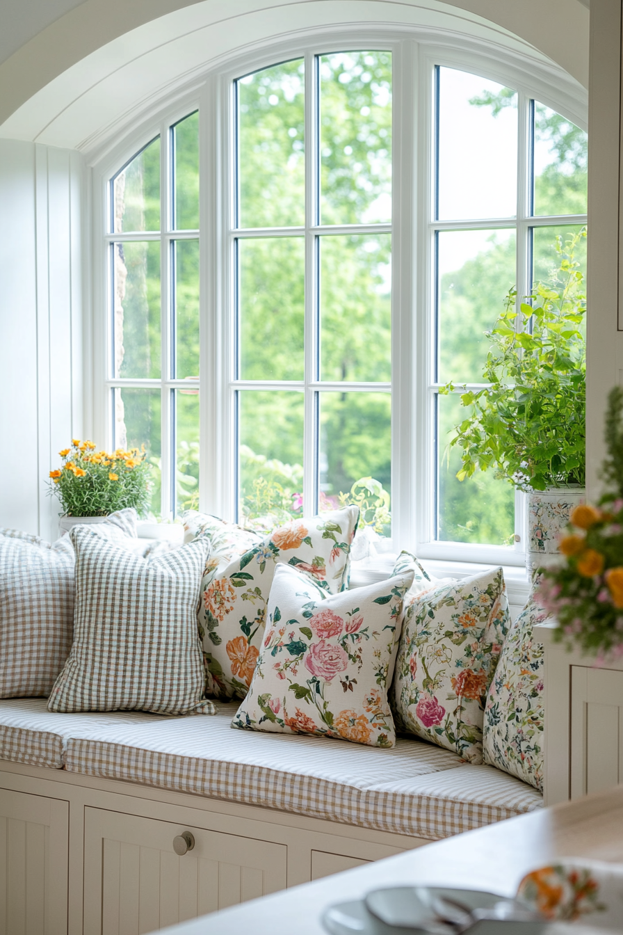 Detail of pillows and blanket on a window seat