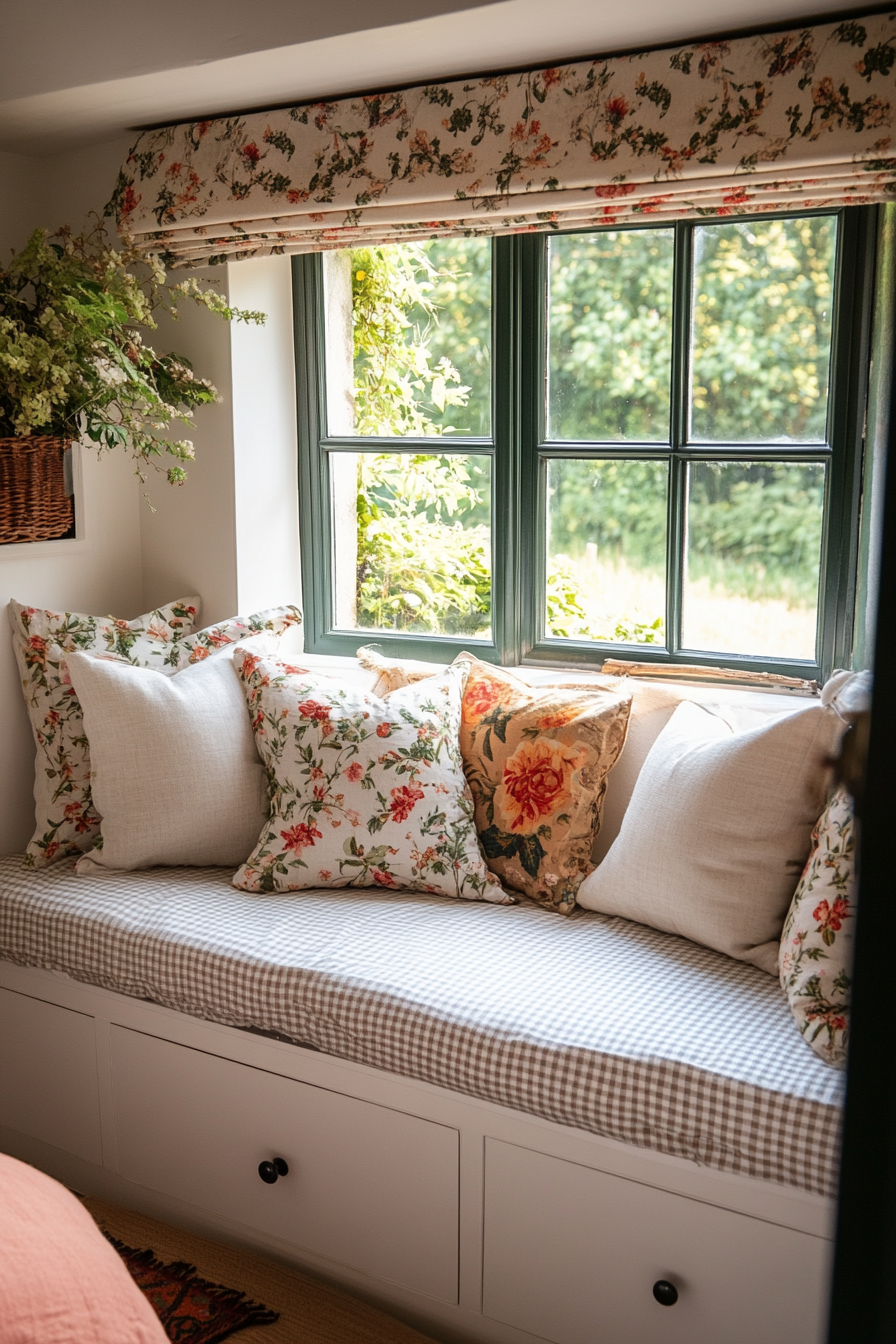 Cozy window seat with thick cushions in soft pastel tones