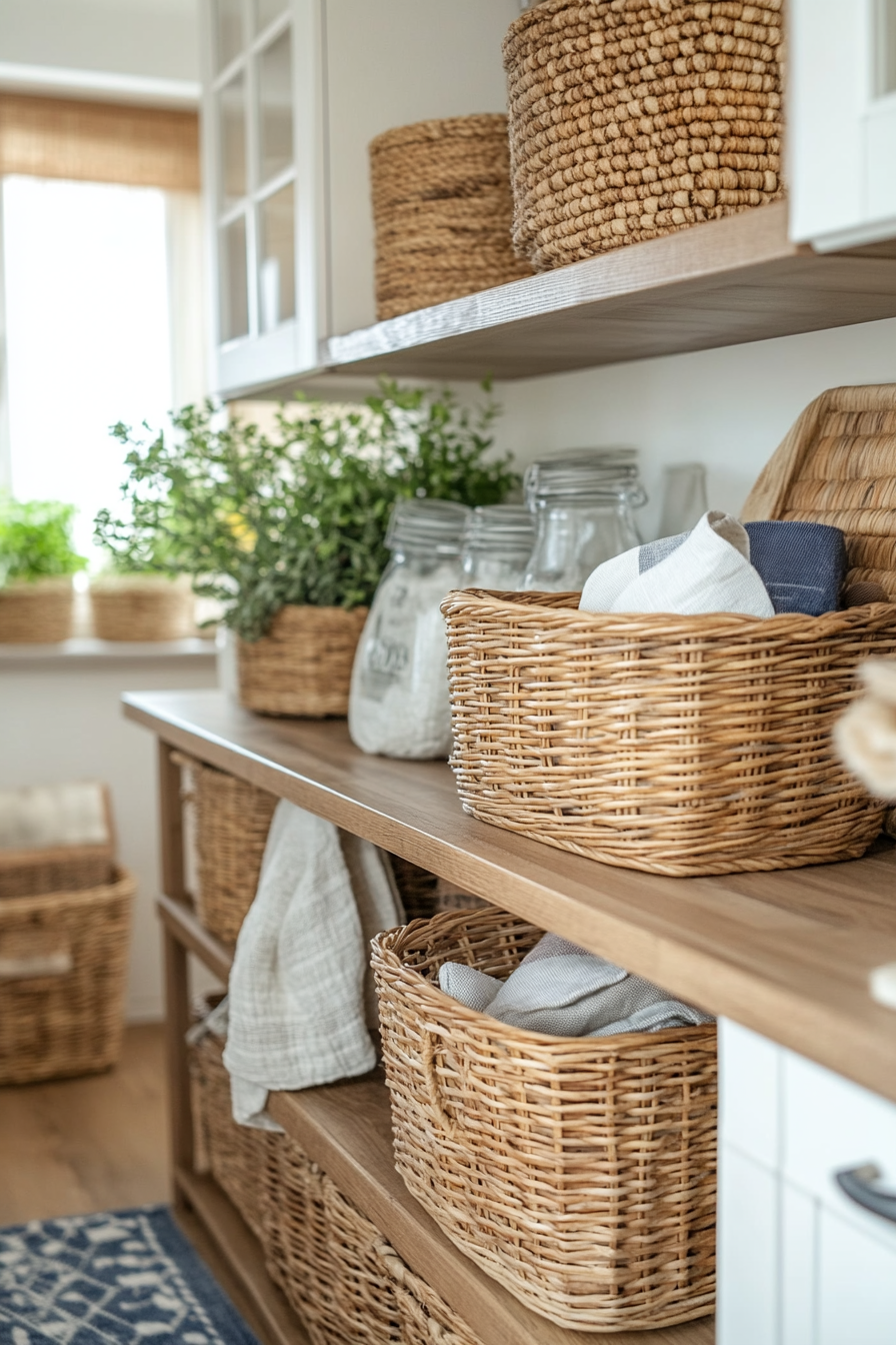 Woven baskets for storage in an English cottage