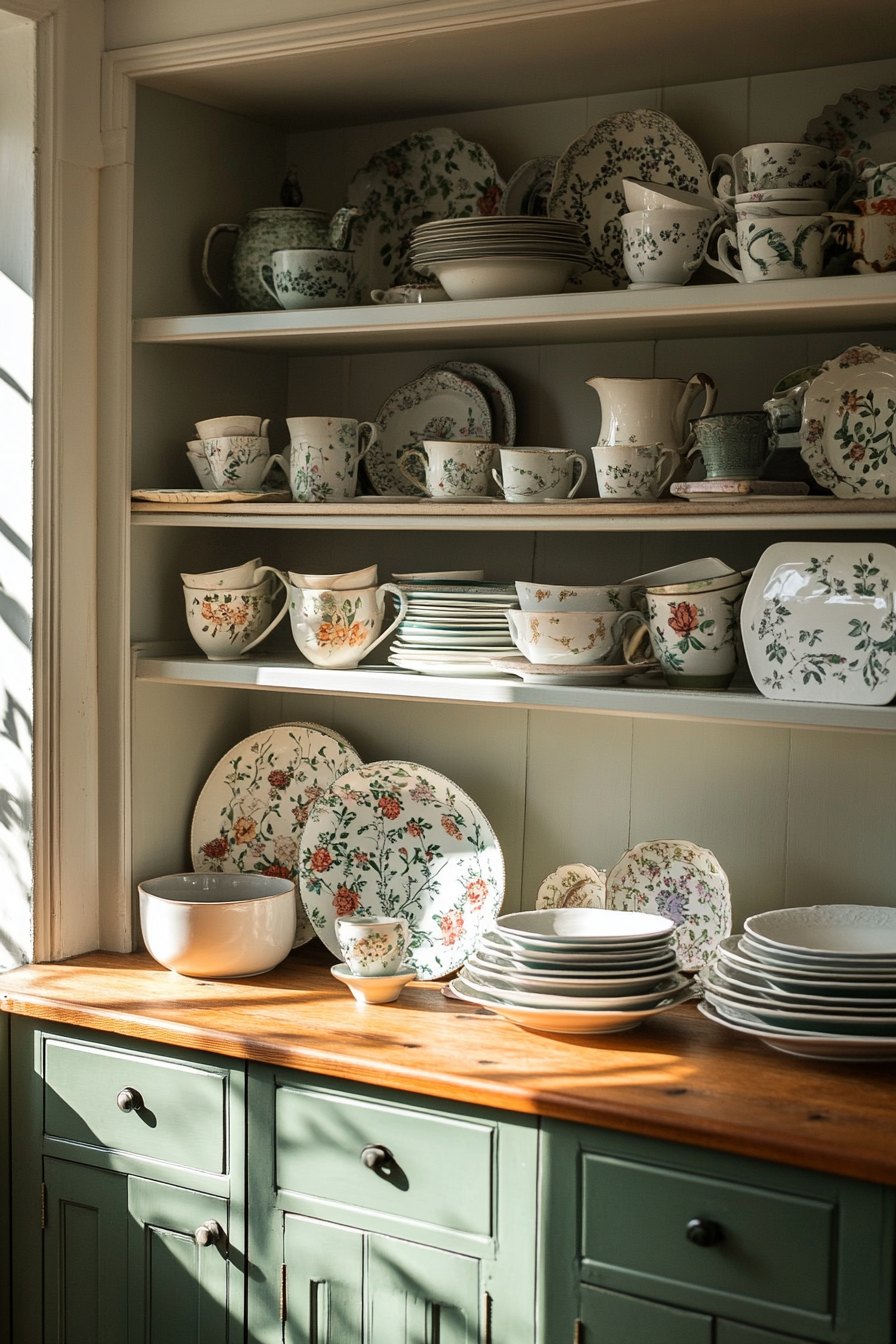 Mismatched china on open shelves in a rustic kitchen