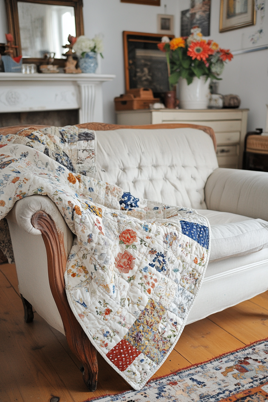 Soft, worn quilt draped over an armchair