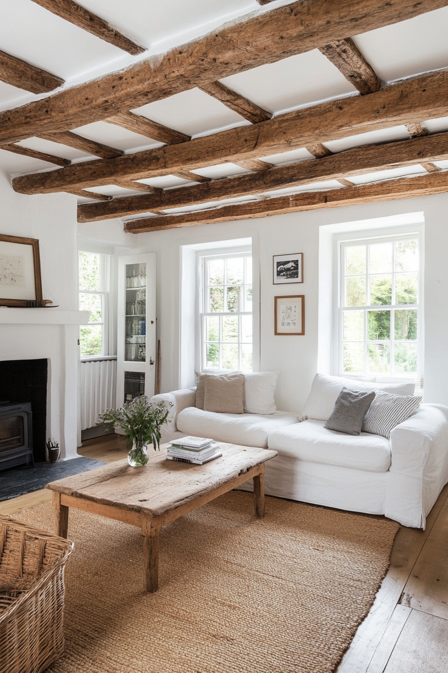 Detail of exposed wooden beams and whitewashed walls