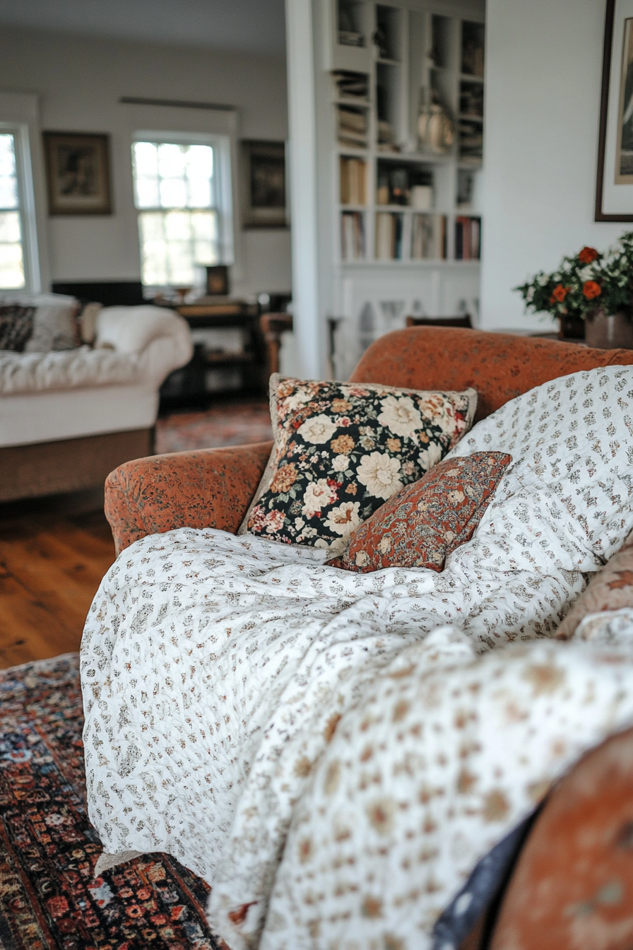 Close-up of the floral and patchwork details of a quilt