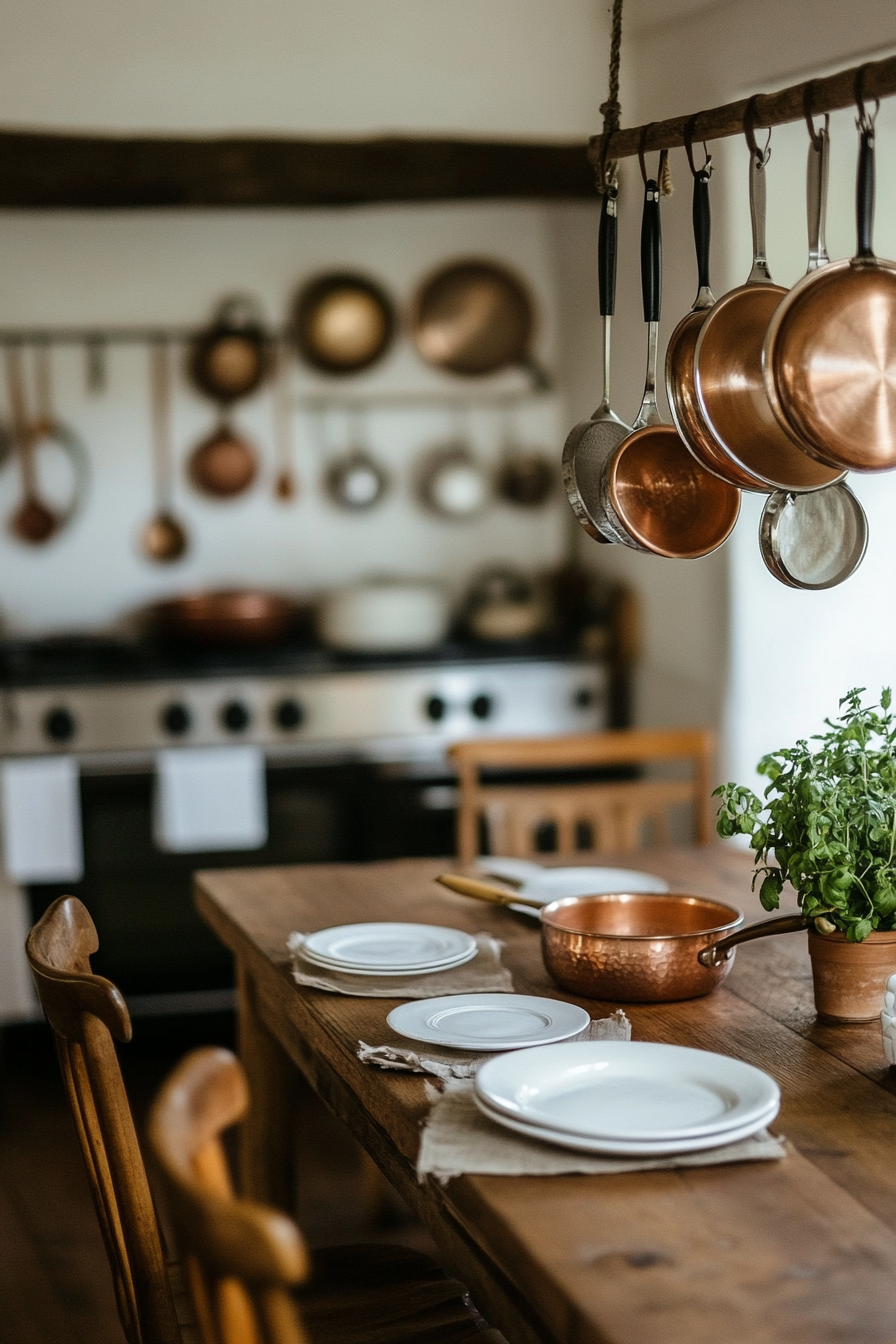 Copper cookware hangs in a cozy country kitchen