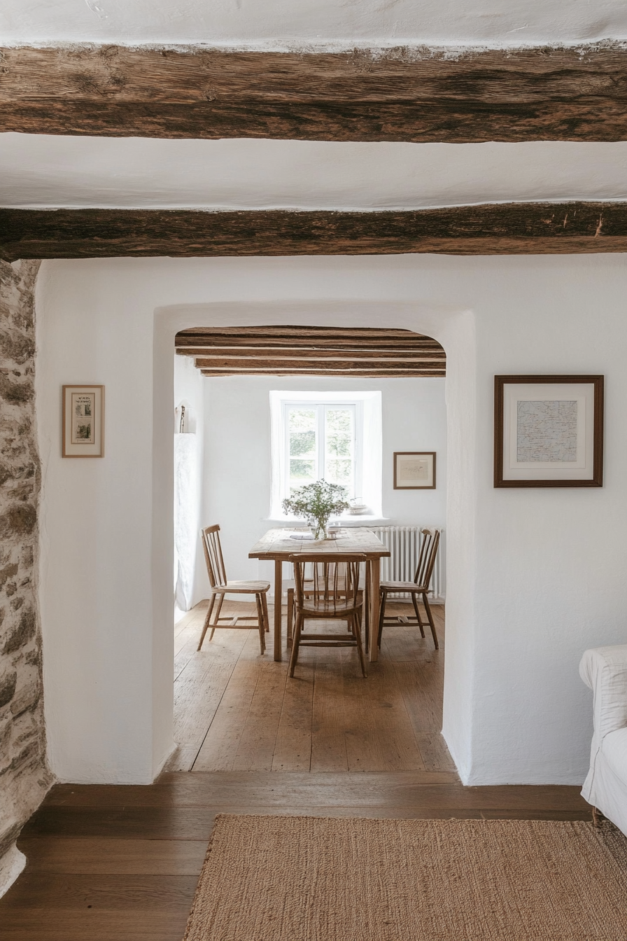 Rustic wooden beams and whitewashed walls in a cozy holiday home