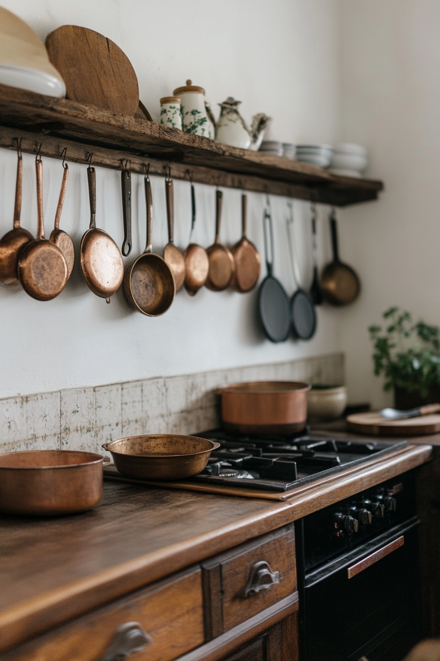 Close-up of hanging copper pots in a country kitchen