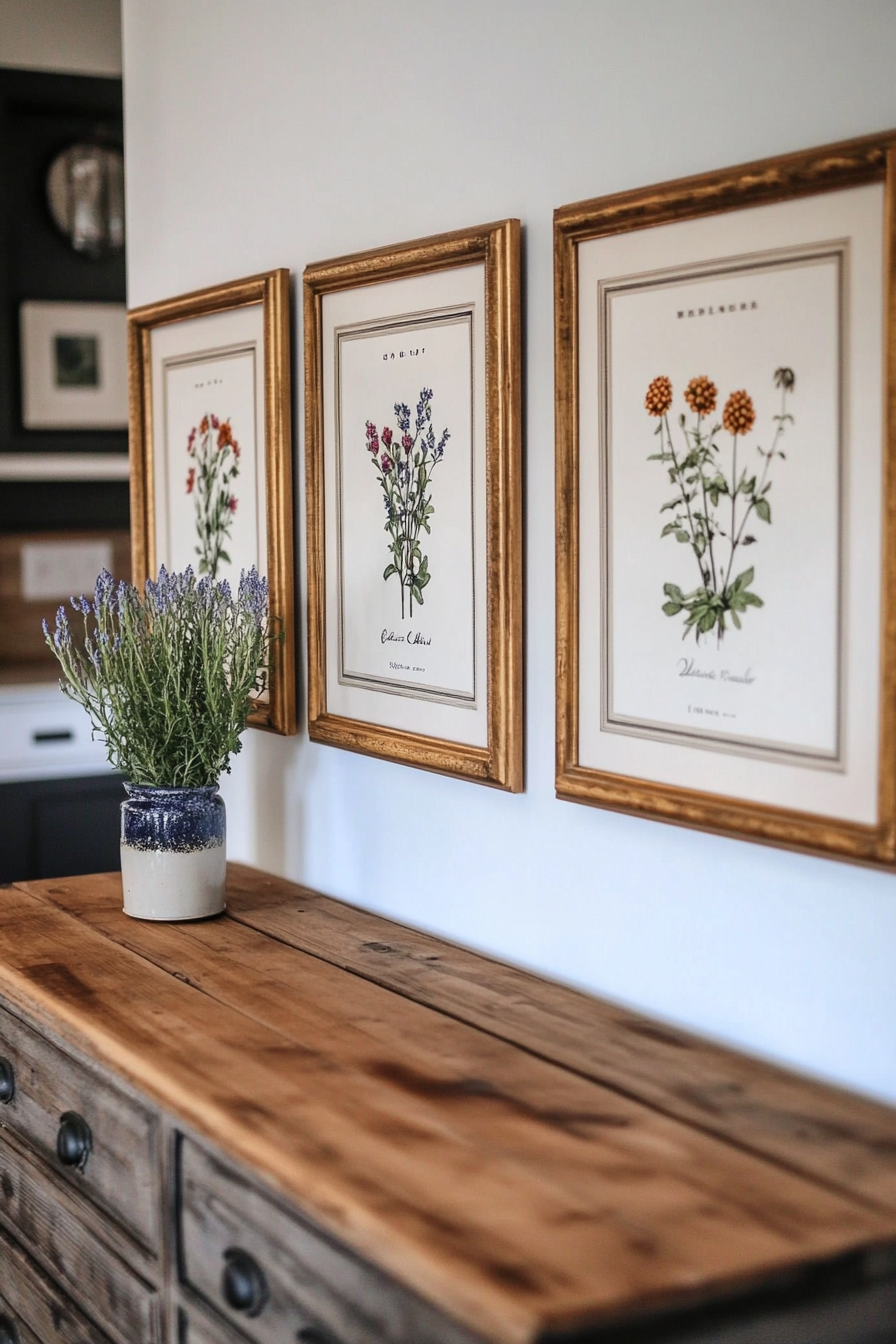 Vintage botanical prints in ornate frames on a cottage wall