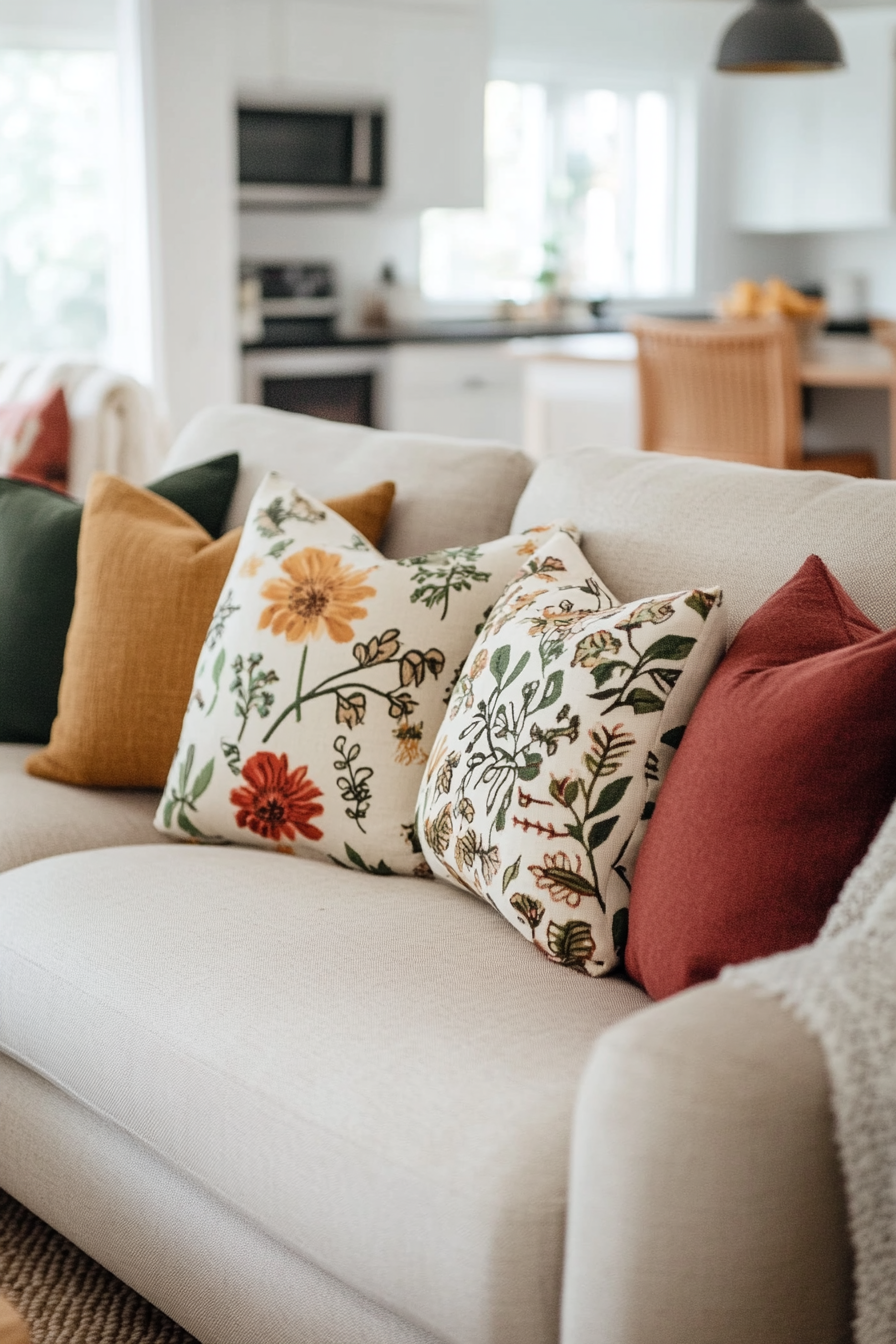 Close-up of patchwork pillow details on a sofa