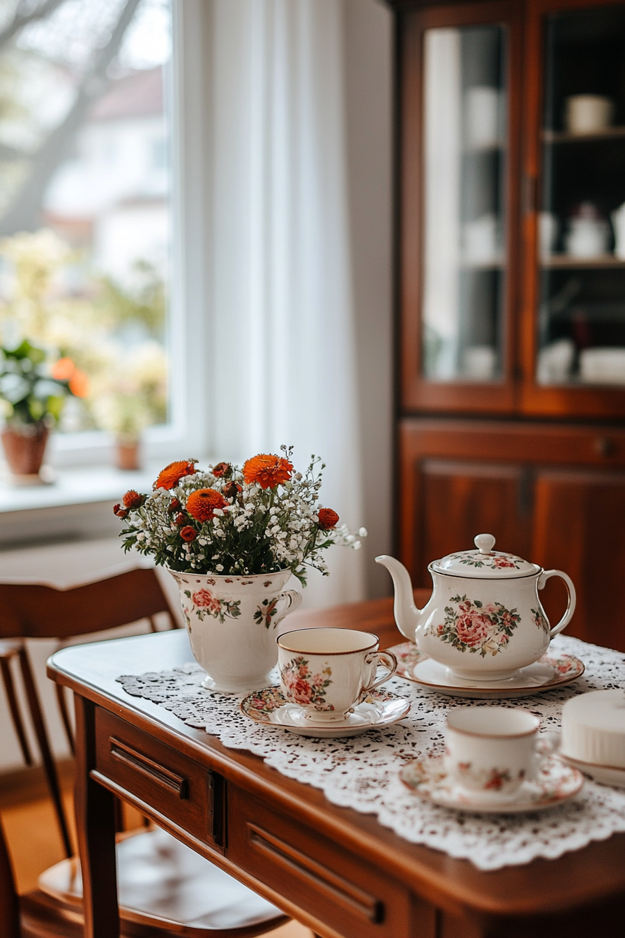 Antique tea service on a used-look side table