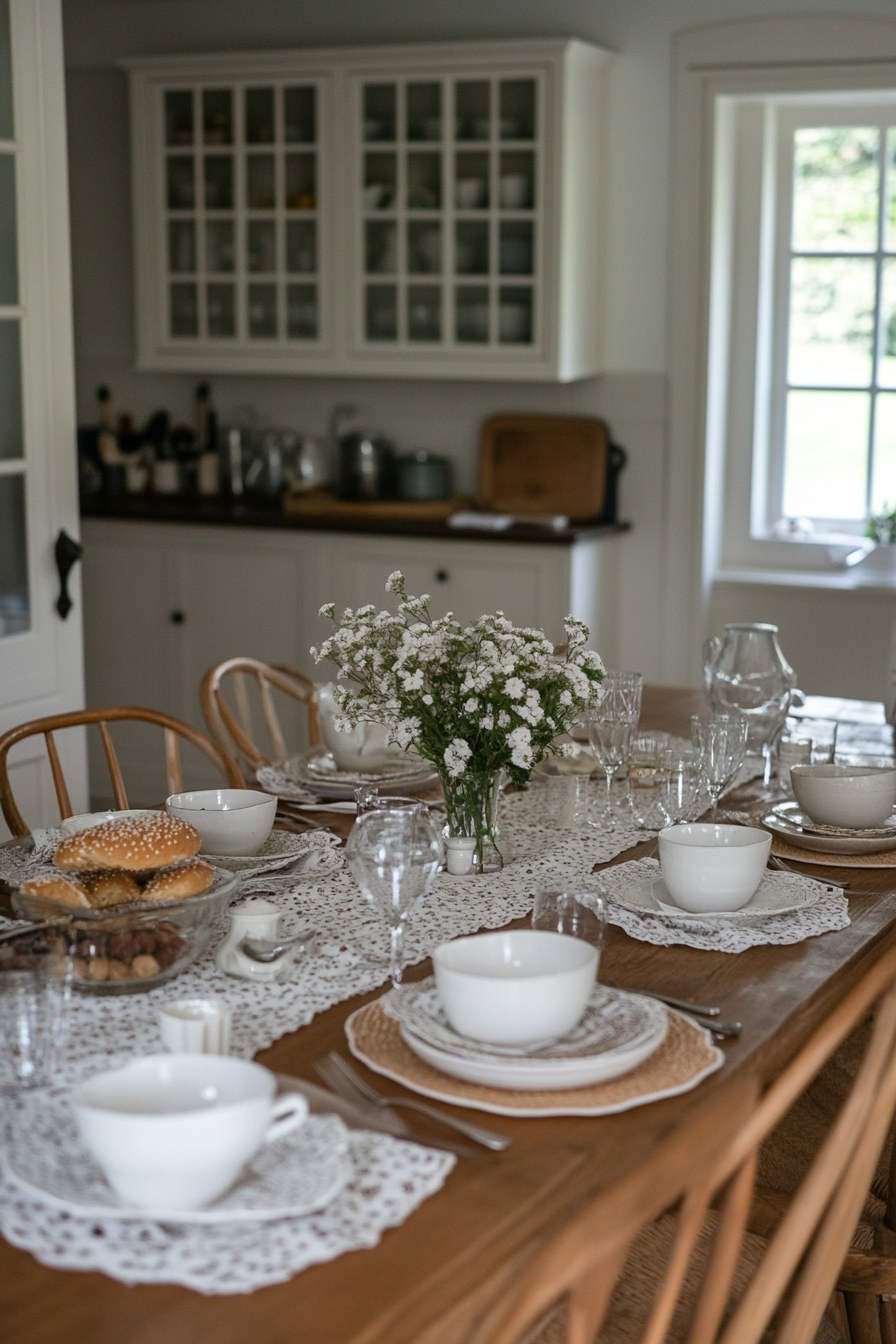 Embroidered linens with delicate floral patterns on a dining table