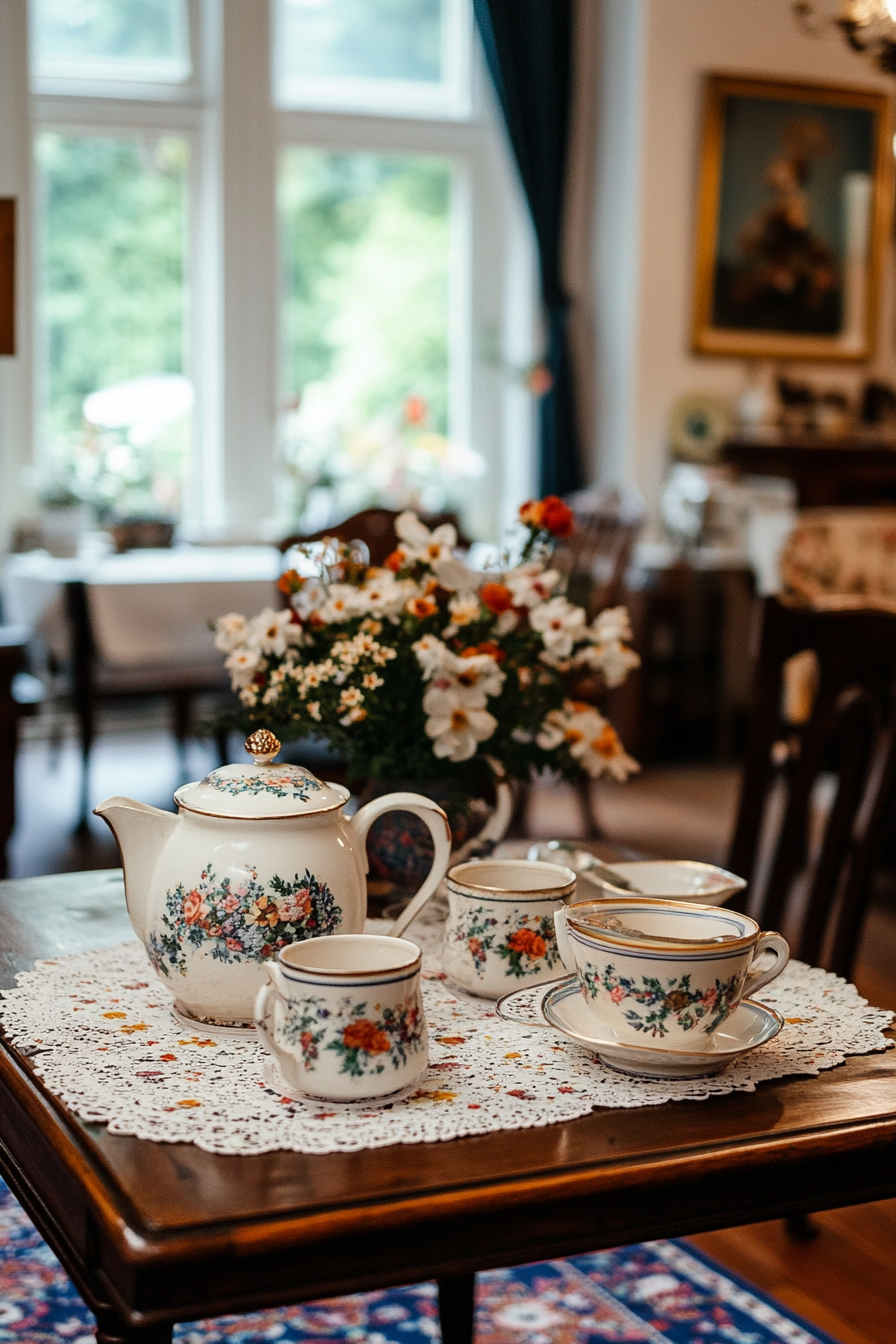 Close-up of an antique tea set with floral patterns