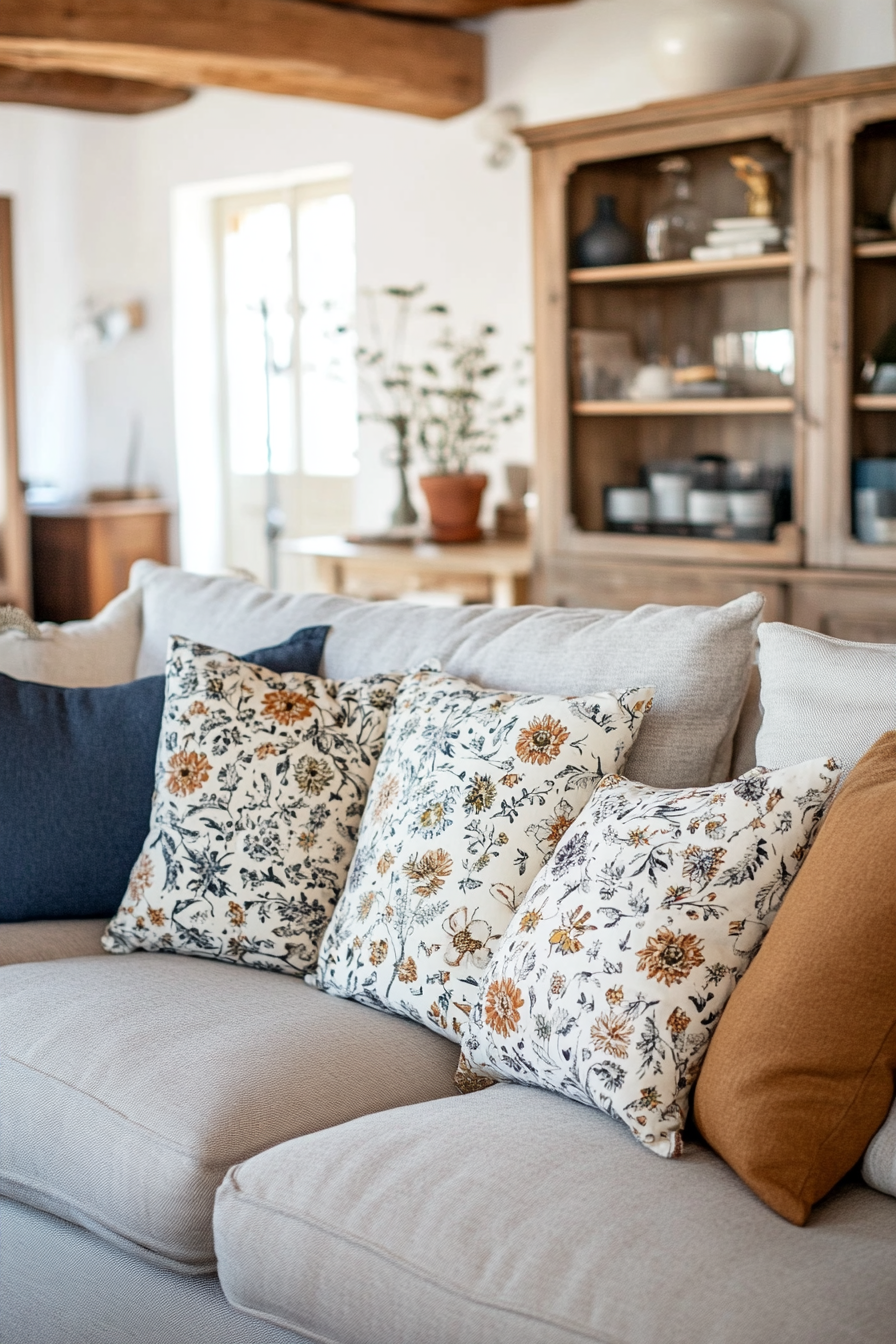 Patchwork throw pillows on a cozy, upholstered sofa