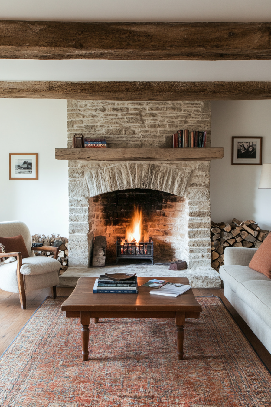 Natural stone fireplace with vintage accessories in the living room of a cottage