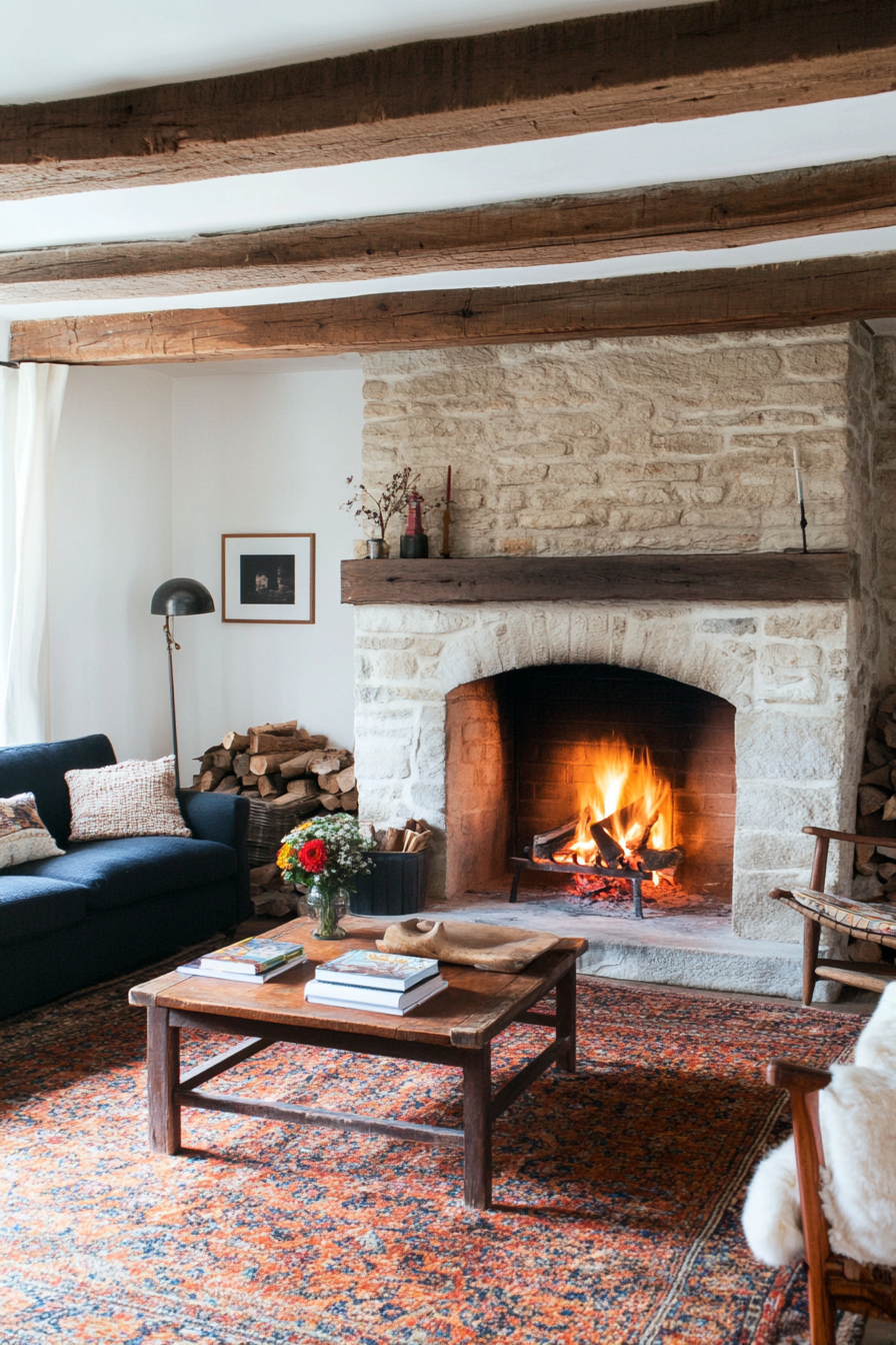 Close-up of vintage accessories on a natural stone mantel