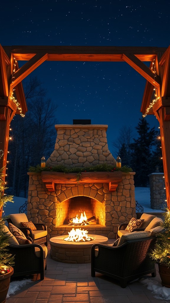 Rustic stone fireplace with wooden beams