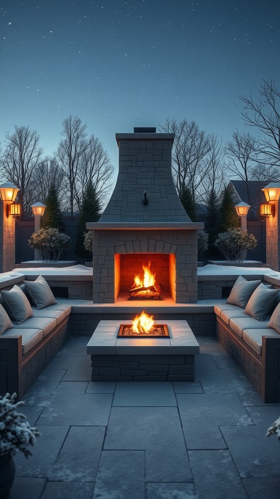 Elegant outdoor fireplace with built-in seating