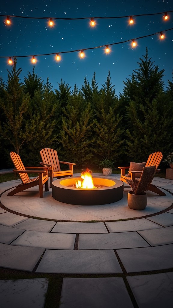 Round fireplace surrounded by paving stones