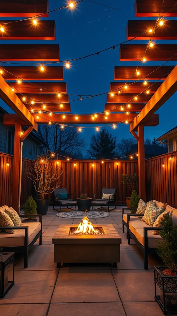 Pergola with hanging fairy lights over a fire