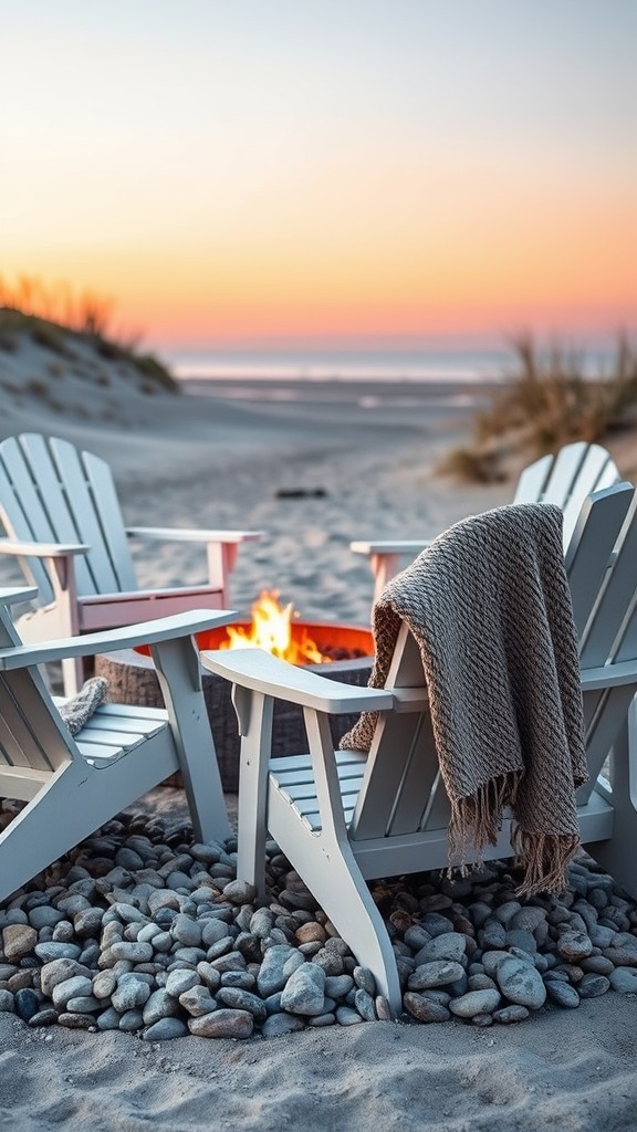 Beach style fire pit with Adirondack chairs