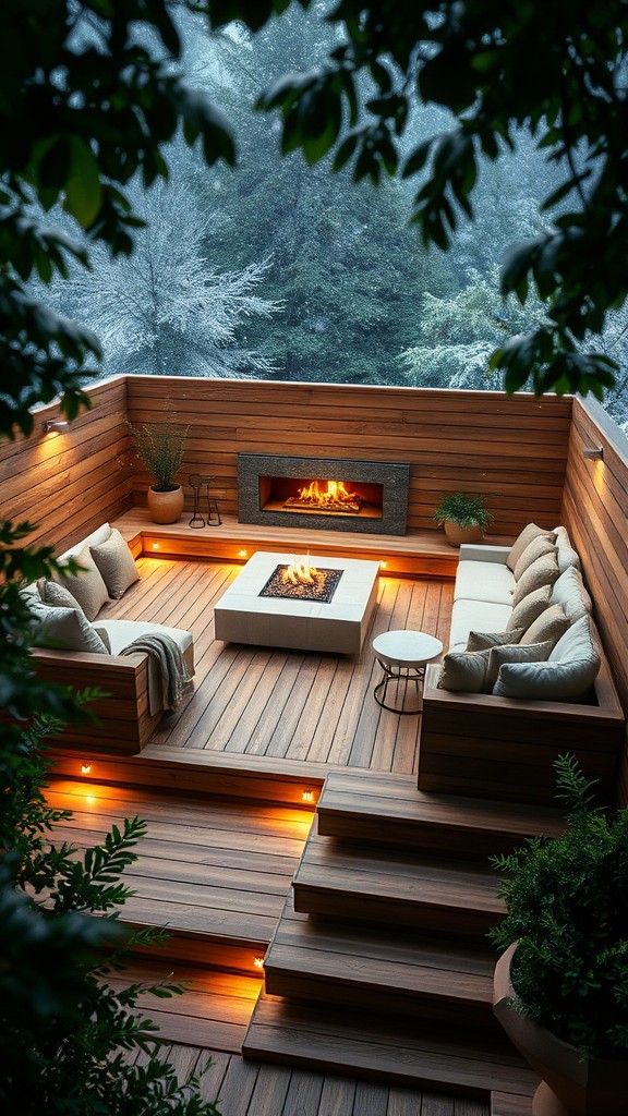 Multi-layered deck with integrated outdoor fireplace