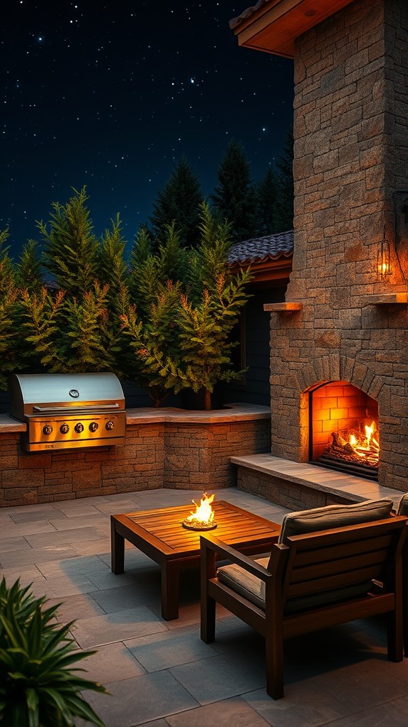 Stone grill with adjacent fireplace