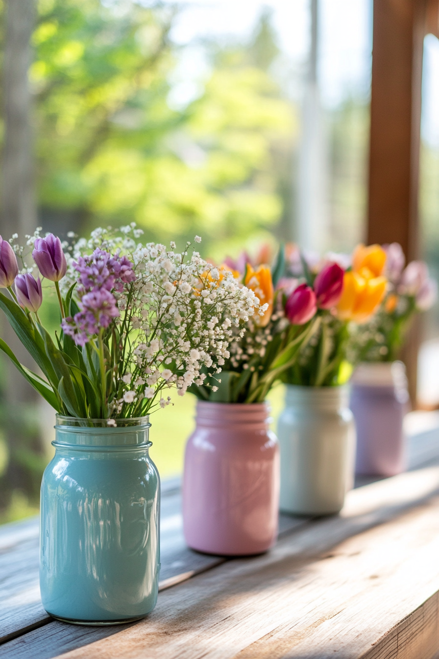 Pastel colored mason jar vases with raffia accents