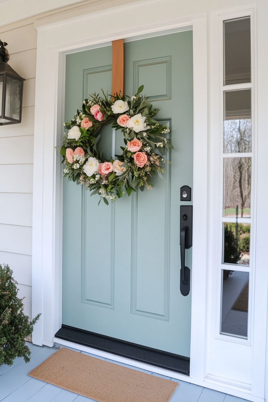 Fresh floral wreath hangs on a sunny front door