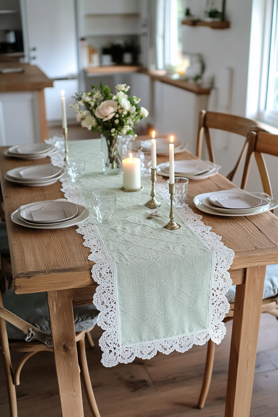 Table setting with green runner and lace details for spring