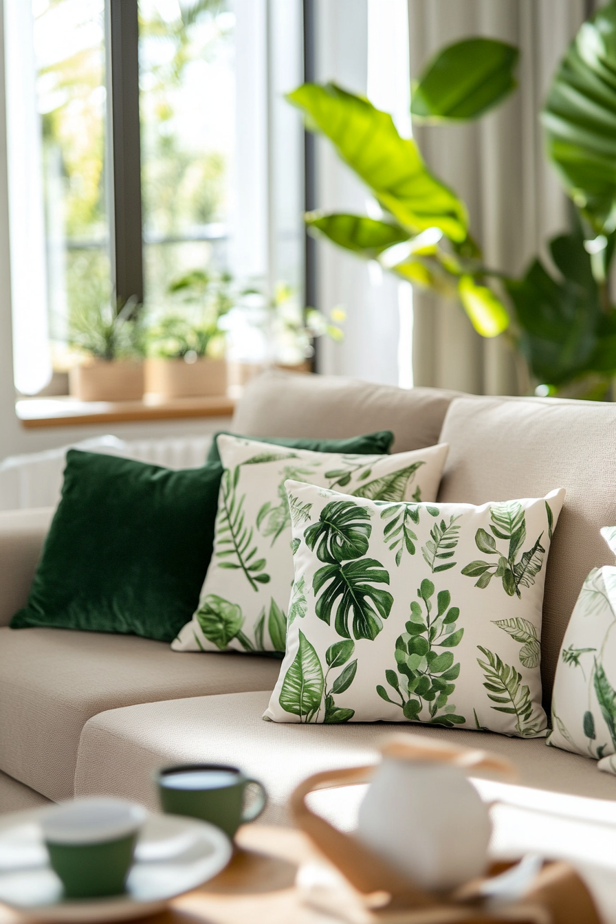 Throw pillows with botanical prints on a light sofa