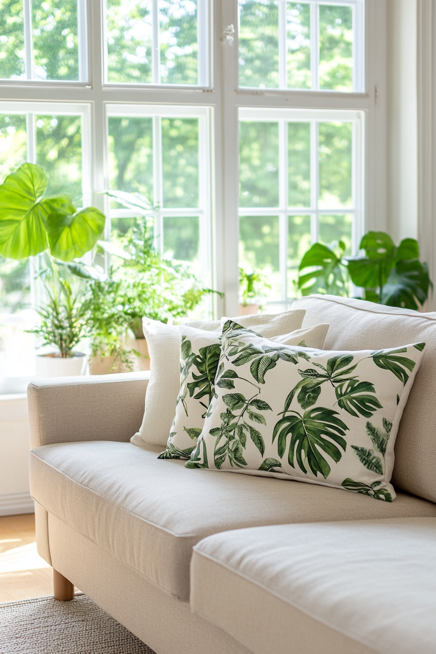 Close-up of botanical print cushions with greenery in the background