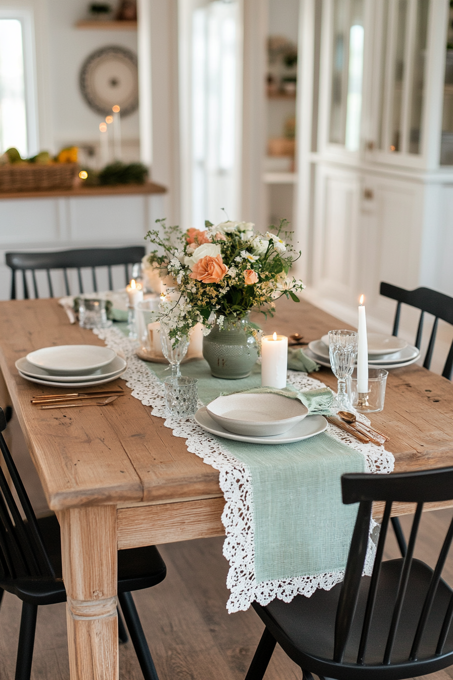 Soft green table runner with lace accents on a spring dining table