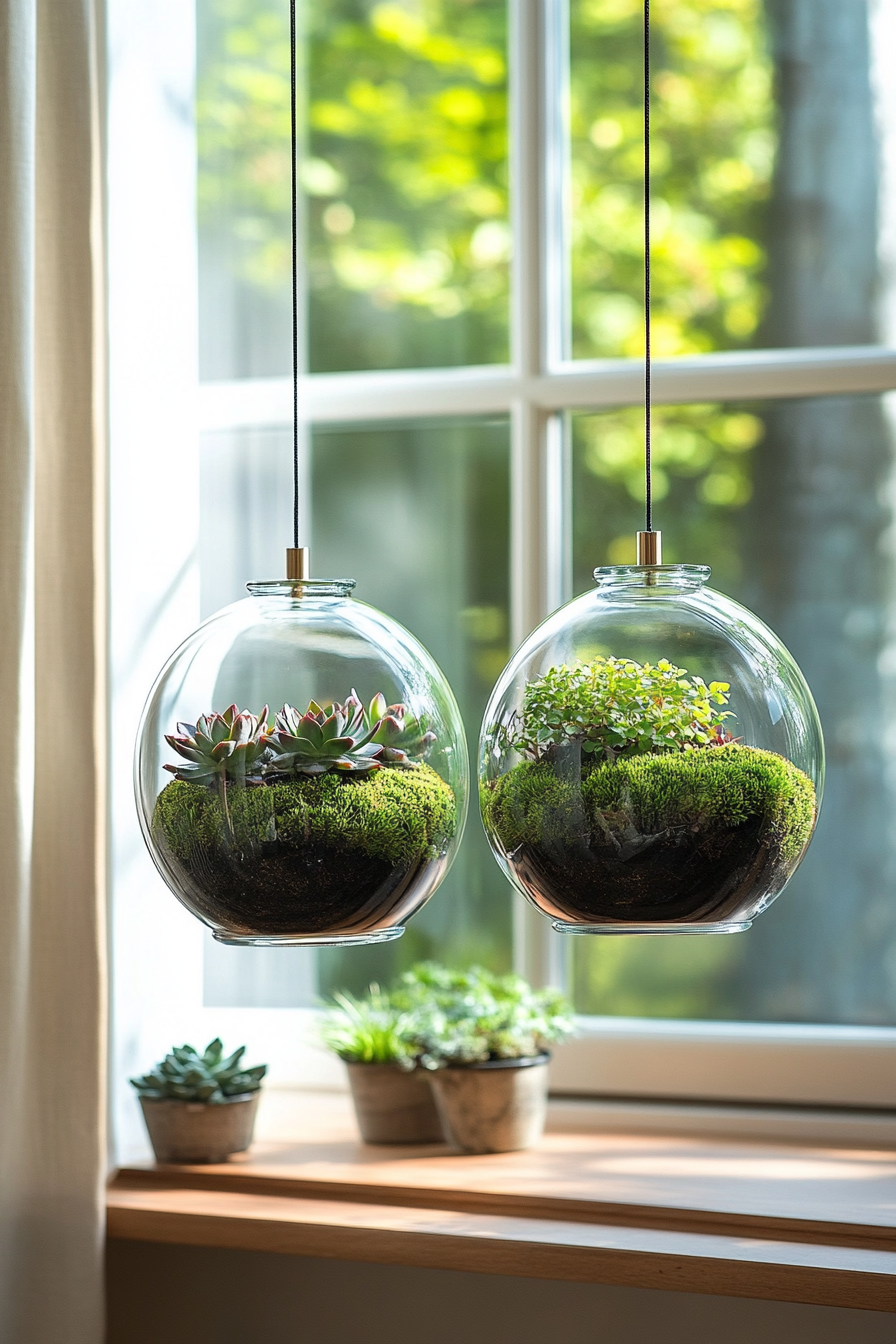 Hanging glass terrariums with moss and succulents near a sunny window