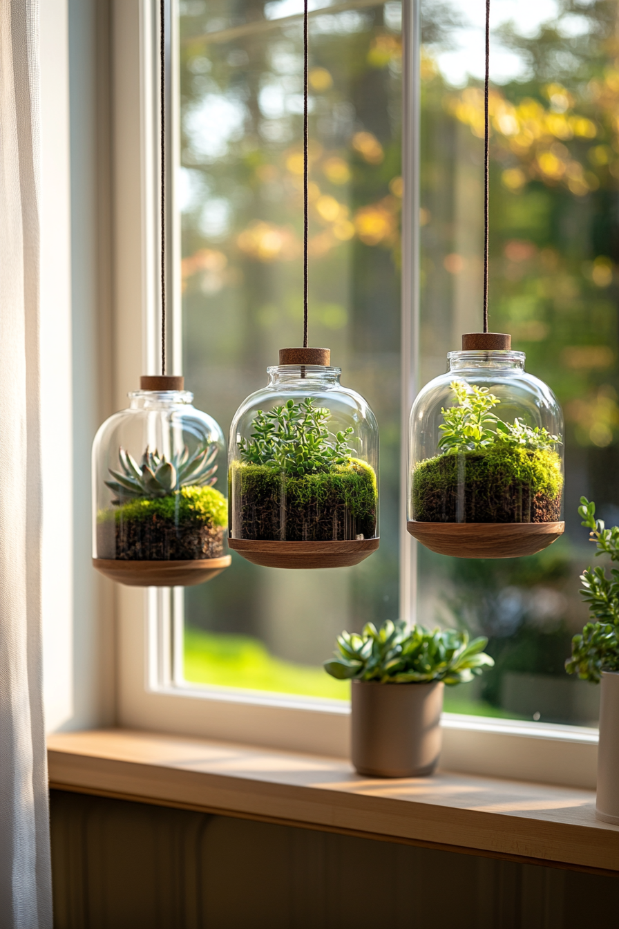 Close-up of hanging terrariums with moss and small succulents