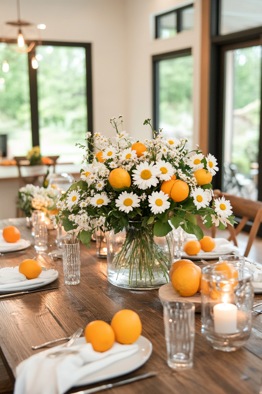 Citrus and floral arrangement with lemons and daisies