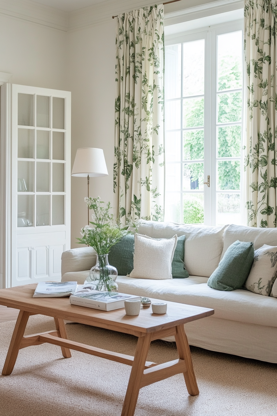 Bright curtains with a botanical print in a spring-inspired living room