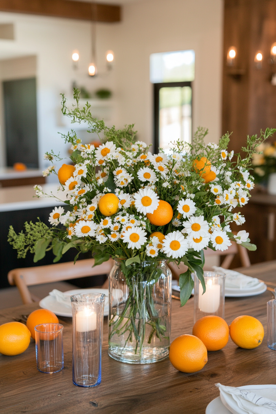 Table with citrus and floral arrangement as centerpiece