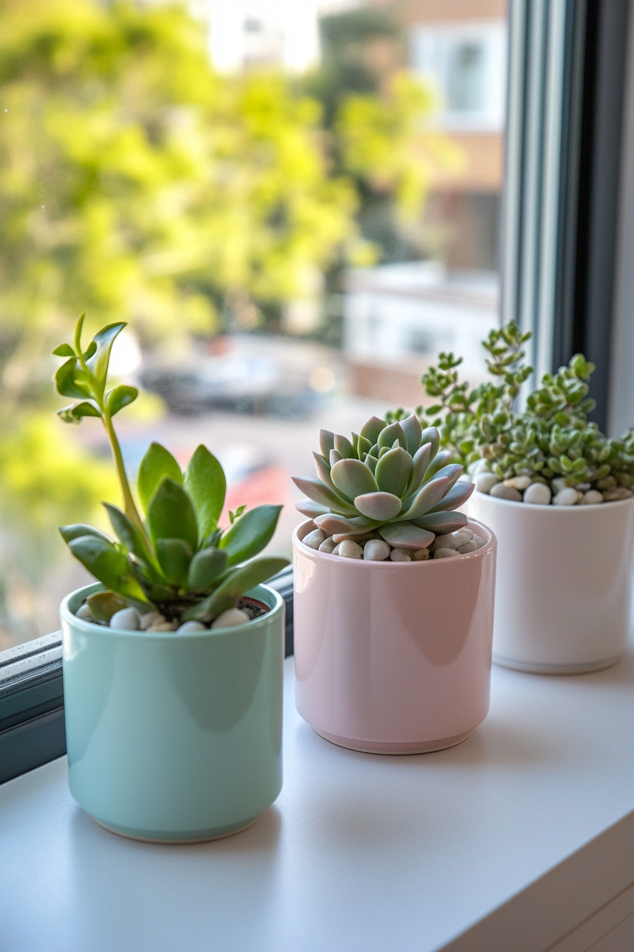 Pastel colored ceramic planters with small succulents on a windowsill