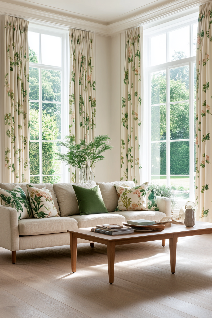 Botanical print curtains that let in soft, natural light