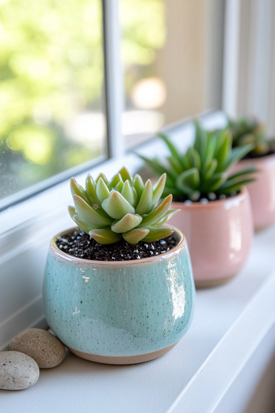 Close-up of pastel colored planters with succulents and decorative stones