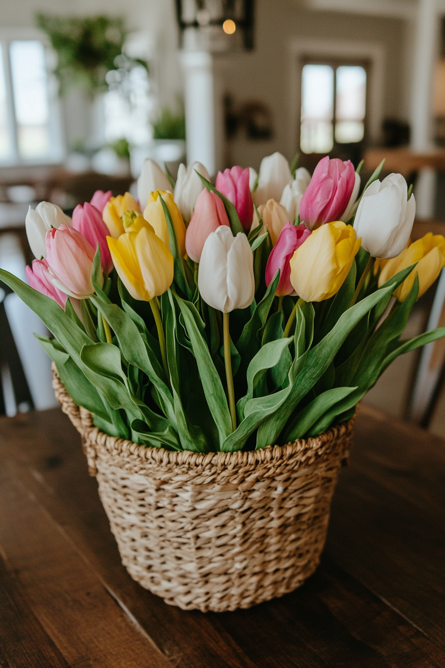 Woven basket filled with spring tulips on a rustic table